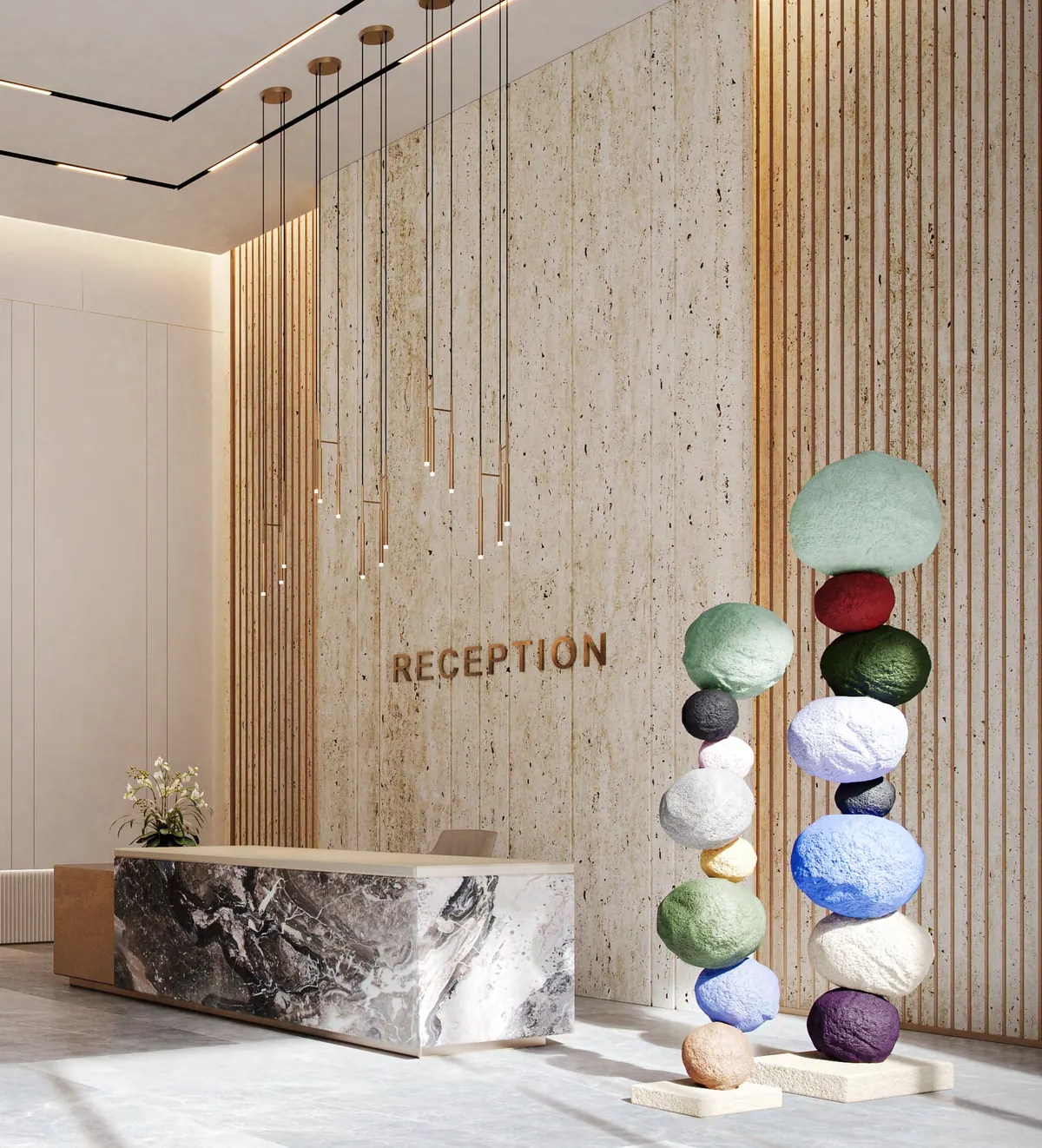 Stone clad lobby at The Yards Plaza